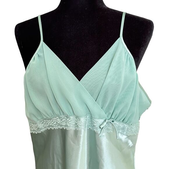 Vintage Mint Green Satiny Mesh Flowy Fairycore Whimsical Cami Slip Dress - Picture 3 of 4